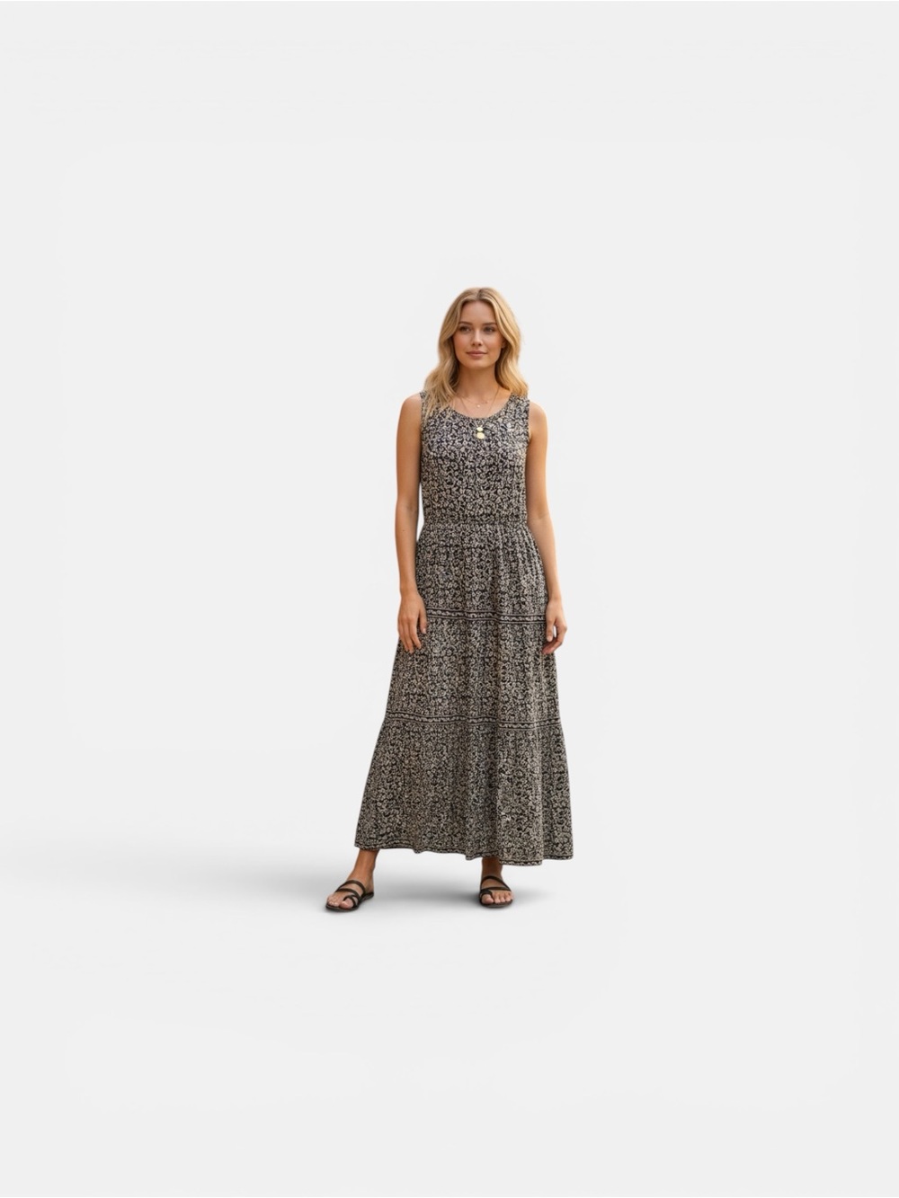 Max Studio Sleeveless Maxi Dress in Black and Cream Print